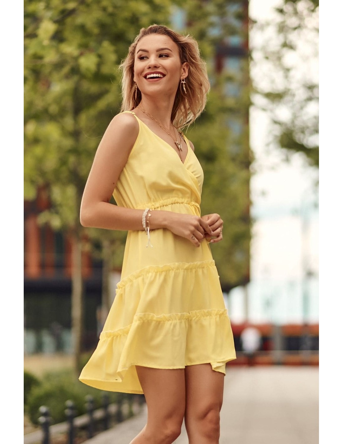 Delicate dress with an envelope neckline, yellow PR3200 - Online store - Boutique